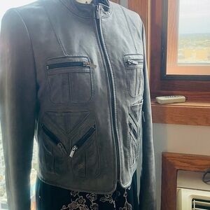 Gray Leather Jacket with Zipper